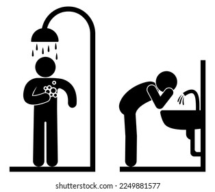 man washes, shower icon, bathroom symbol, isolated human silhouettes