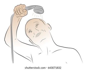A man washes in the shower. A man in one hand holds a shower head. Color pencil drawing.