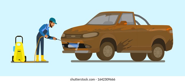 A man washes a very dirty car Banner car wash. Car wash service. Vector illustration in cartoon style.