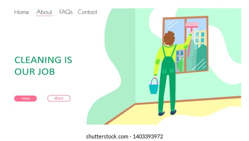 Man washes a window. Cartoon flat Vector illustration of professional cleaning service company concept. Website landing page. Good for web, logo, template, invitation, card, poster, banner