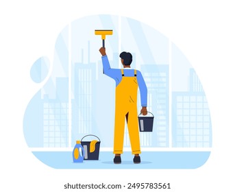 Man washes window. Young guy in uniform with bucket and scraper washes windows. Cleanliness and hygiene. Cleaning service worker with detergents. Flat vector illustration isolated on white background
