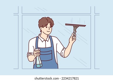 Man washes windows using brush and spray bottle with detergent, outside view of building. Guy employee of cleaning company in work uniform cleans up business center. Flat vector illustration