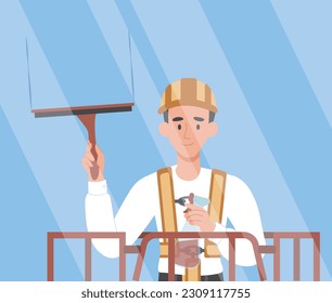 El hombre lava las ventanas. Joven uniformado con casco protector con agente de limpieza, detergente y rastrillo de vidrio. Trabajador de limpieza en el exterior. Dibujo vectorial plano de dibujos animados
