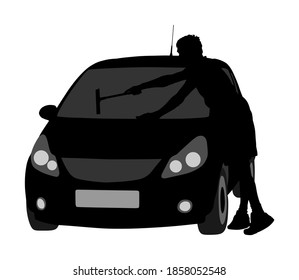 Man washing automobile windows vector silhouette illustration isolated white background. Car wash center. Boy taking care about car in washing service. Worker clean windows. Pit stop cleaning vehicle.