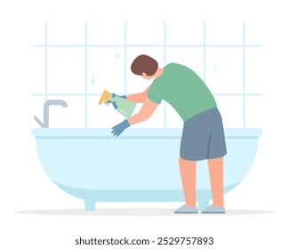 Man washing bath at home. Male character doing housework or professional cleaner in bathroom. Young man home routine. Vector illustration on white background.