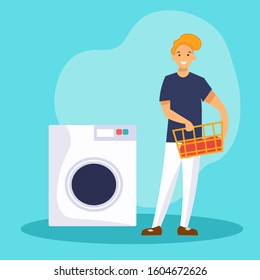 Man washing clothes laundry in a washing machine. Smiling guy standing near a laundromat and holding a basket. Flat vector illustration with male cartoon character.