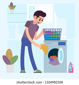 A man is washing clothes. Loading the washing machine with dirty laundry. Vector illustration