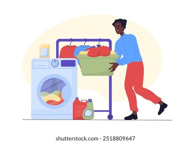 Hombre lavando ropa. Joven con lavabo de ropa sucia en la lavandería. Limpieza e higiene. Tareas rutinarias y domésticas. Ilustración vectorial plana aislada sobre fondo blanco