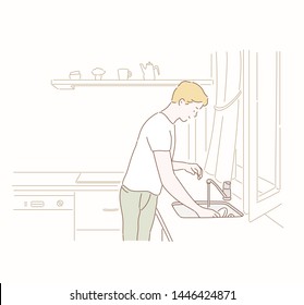 Man washing dishes cleaning kitchen at home. Hand drawn style vector design illustrations.