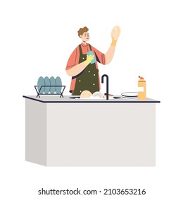 Man washing dishes at home. Young male cleaning house busy with housekeeping chores. Household activities concept. Cartoon flat vector illustration