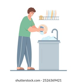 Man washing dishes in kitchen. Male character doing housework. Young man home routine. Vector illustration on white background.