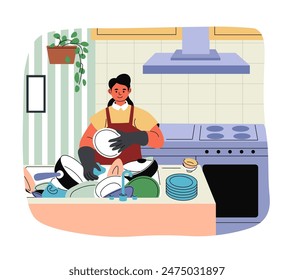 Hombre Lavando Platos Cocina Vector