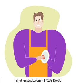 Man washing dishes vector illustration. Gender equality. Doing houshold chores. Image for articles, social media, infographics, cards.