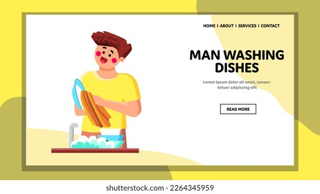 man washing dishes vector. kitchen domestic, home clean, sink housework, household hygiene, male man washing dishes web flat cartoon illustration