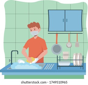 Man is washing the dishes while keep using medical mask