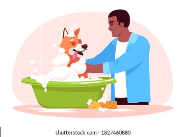 Man washing dog semi flat RGB color vector illustration. Cleaning domestic animal in bath. Puppy hygiene. Shower for doggy. Pet owner with dog isolated cartoon character on pink background