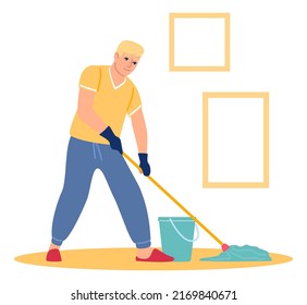 Man washing floor with mop and water bucket. House cleaning