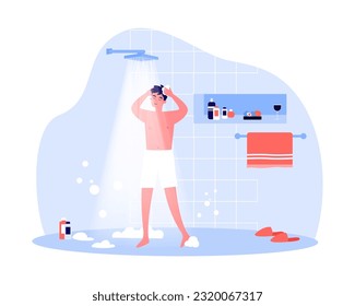 Dibujo vectorial de la cabeza de lluvia lavando el cabello de un hombre. Dibujo de caricatura de caracter masculino en una toalla parada bajo el arroyo del agua, lavándose en el baño. Higiene, concepto publicitario