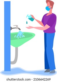 Man washing hands with the help of hand sanitizer to clean his hands and to prevent coronavirus spread 