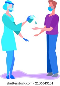 Mann, der mithilfe eines von einem Arzt verabreichten Handsanitisierers Hände waschen, um die Ausbreitung von Koronavirus zu verhindern 
