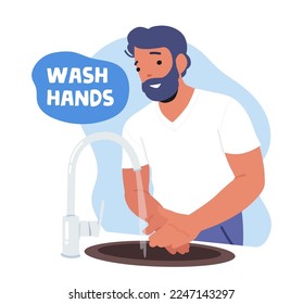 Man Washing Hands, Hygiene Procedure Banner with Male Character Wash Palms with Soap under Water Jet. Health Care and Immunity Boost Concept. Cartoon Vector Illustration