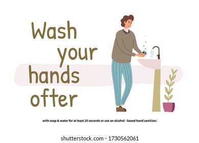 Hombre lavándose las manos. Joven perspectiva parado en el lavabo. Limpie las manos. Cuidados personales diarios. Prevención de Covid-19. Ilustración vectorial al estilo de las caricaturas planas.