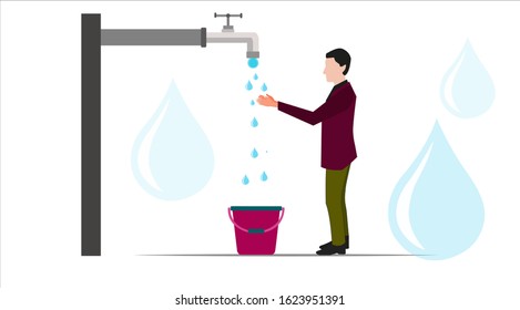 Man washing hands at water tap with bucket vector illustration