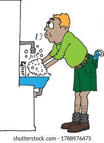Man Washing hands while singing happy birthday. He washes hands of twice daily to protect against virus.