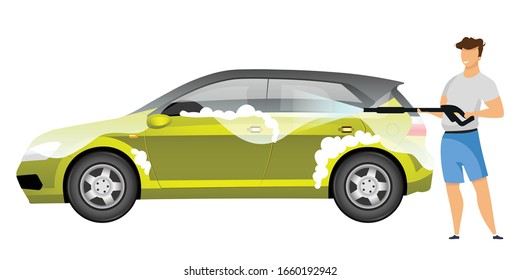 Man washing hatchback flat color vector faceless character. Guy using high pressure cleaner isolated cartoon illustration for web graphic design and animation. Guy cleaning car with power washer