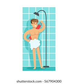 Man Washing Himself With Washcloth In Shower, Part Of People In The Bathroom Doing Their Routine Hygiene Procedures Series