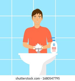 A man washing his hands in the sink concept vector illustration front view. Washing hands under faucet with soap and water. Virus and bacteria prevention healthcare in flat design.