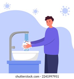 A man washing his hands in the sink concept vector illustration. Washing hands under faucet with soap and water in bathroom.