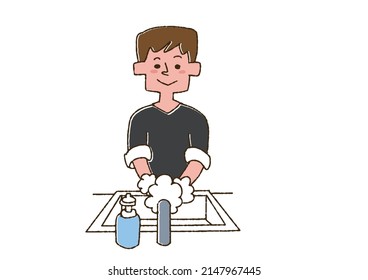 A man washing his hands with soap, a comical handwritten person vector, color on a line drawing

