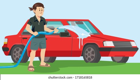 man washing his own car with water. Flat style vector illustration.