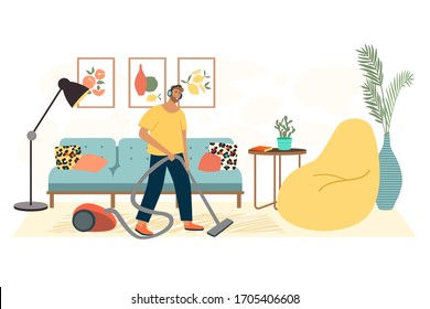 Man washing the house with vacuum cleaner and listening to podcasts, online radio streaming, music or audiobooks. Living room interion vector illustration: sofa, bag chair, table, lamp, painting, vase