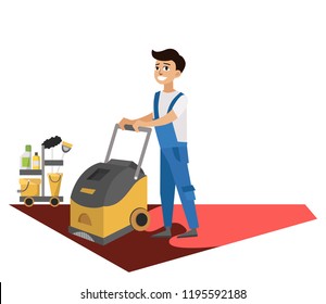 Man with washing machine cleans carpet poster