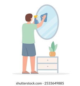 Man washing mirror at home. Male character doing housework or professional cleaner. Young man cleaning home routine. Vector illustration on white background.