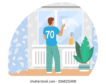 Man washing window in living room, flat vector illustration. Housework, household chores, housekeeping, house cleaning.