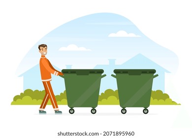 Man Waste Collector or Garbageman in Orange Uniform Pushing Dustbin with Municipal Solid Waste and Recyclables Vector Illustration