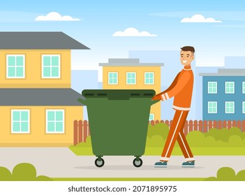 Man Waste Collector or Garbageman in Orange Uniform Pushing Dustbin with Municipal Solid Waste and Recyclables Vector Illustration