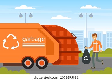 Man Waste Collector or Garbageman in Orange Uniform Collecting Municipal Solid Waste and Recyclables in Garbage Truck Vector Illustration