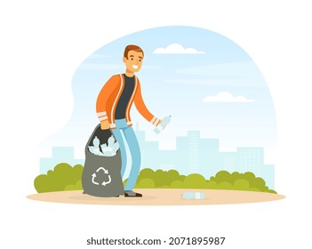 Man Waste Collector or Garbageman in Orange Uniform Collecting Plastic Bottle for Recycling Vector Illustration