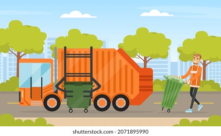 Man Waste Collector or Garbageman in Orange Uniform Collecting Municipal Solid Waste and Recyclables in Garbage Truck Vector Illustration