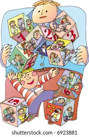 A man watch a child that play with dice. the illustration show the relation between the child and the grownup world