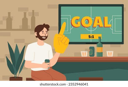 Man watch football match concept. Young guy with big yellow hand sitting near tv with goal inscription. Supporter and fan with sport event. Fun and entertainment. Cartoon flat vector illustration