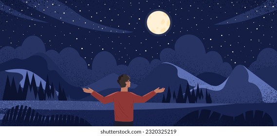 Man watch at night sky concept. Young guy looks at natural panorama and landscape. Astrology and astronomy, stargazing. Active lifestyle and hiking. Cartoon flat vector illustration