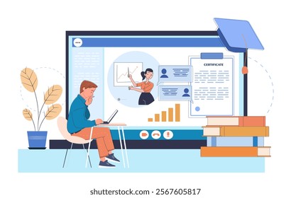 Man watch online courses. Young guy with laptop watching online lecture or lesson. Remote education and training, literature. Webinar and master class. Linear vector illustration