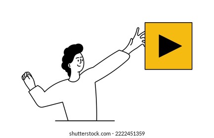 Man watch online video and play button vector illustration concept. Live TV and digital screen multimedia. Stream television and distance learning. Streaming study and broadcasting film