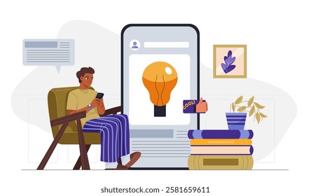 Man watch social media posts. Young guy looks into smartphone with light bulb. Popular and interesting content on social networks. Blogger and content creator. Flat vector illustration