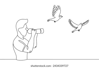 A man watches birds using a special device. Amateur ornithology in natural conditions. Popular hobby. Vector illustration. Images produced without the use of any form of AI software at any stage.